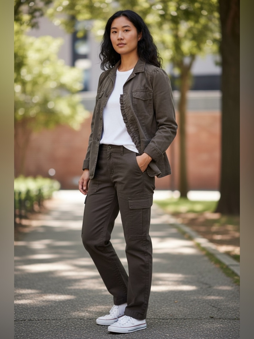 LOFT Ann Taylor Brown Utility Jacket Size 6 Cotton Ruffle Front Military Style